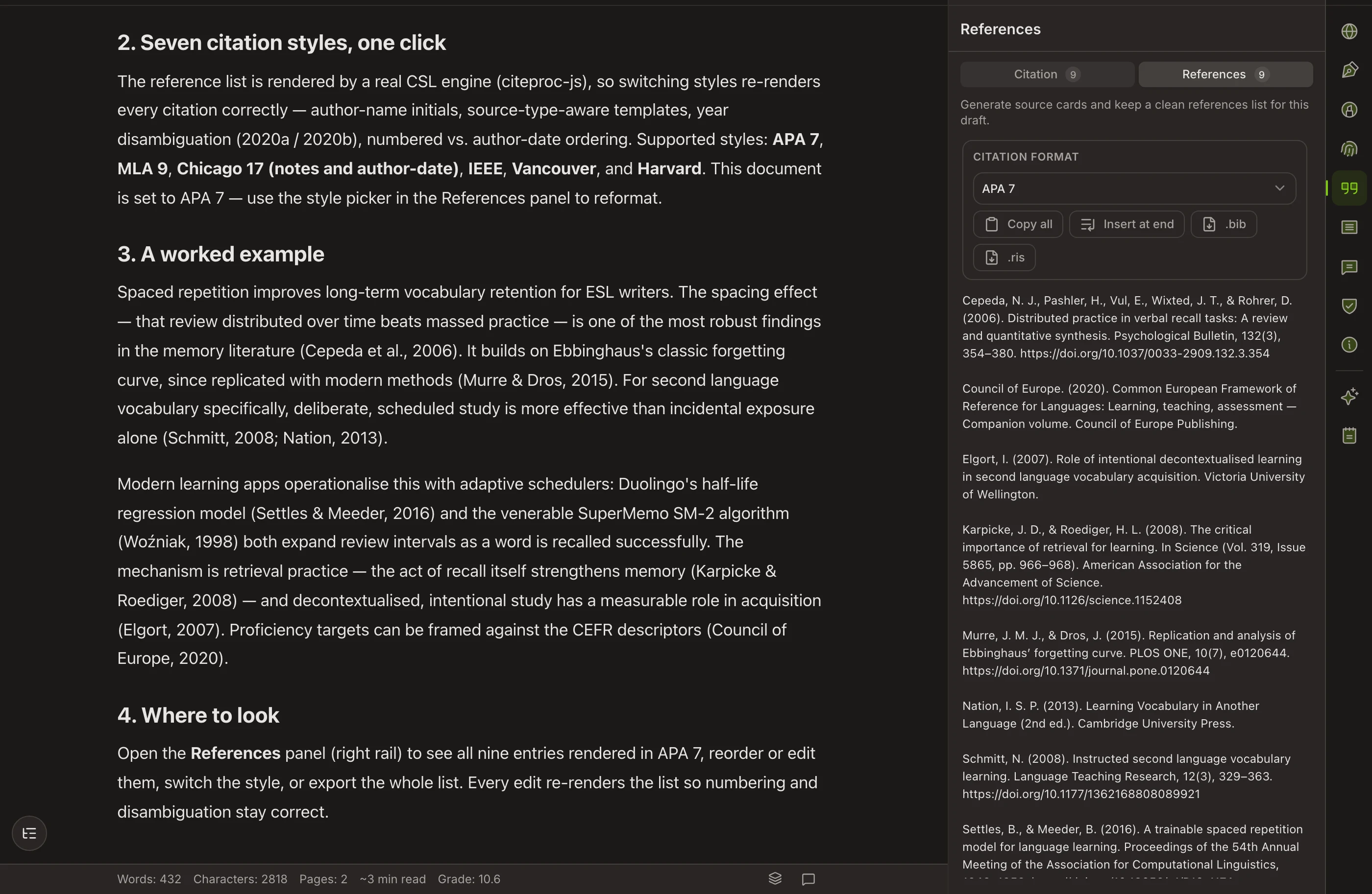 The Copynote writing workspace