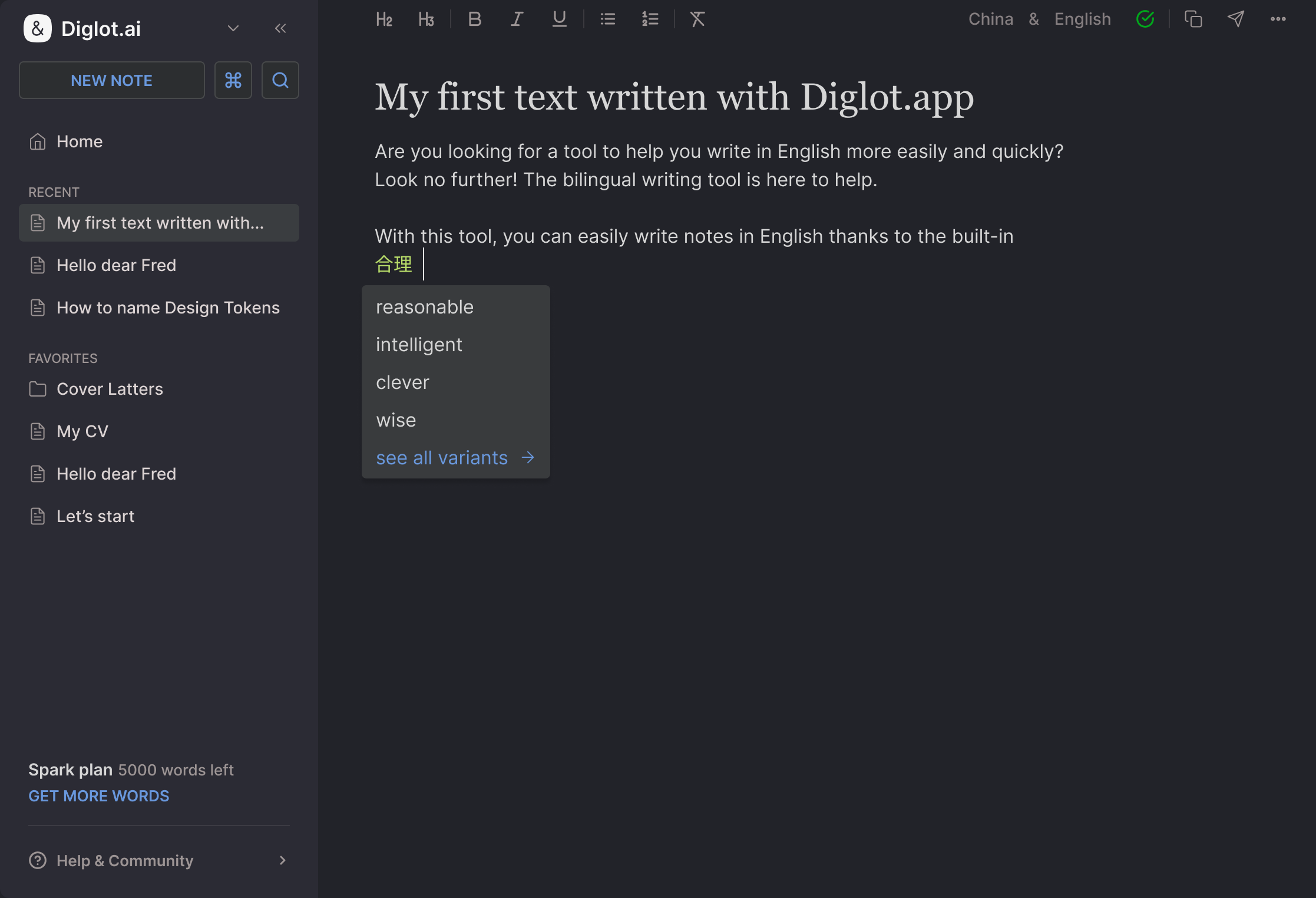 The Copynote work-writing workspace
